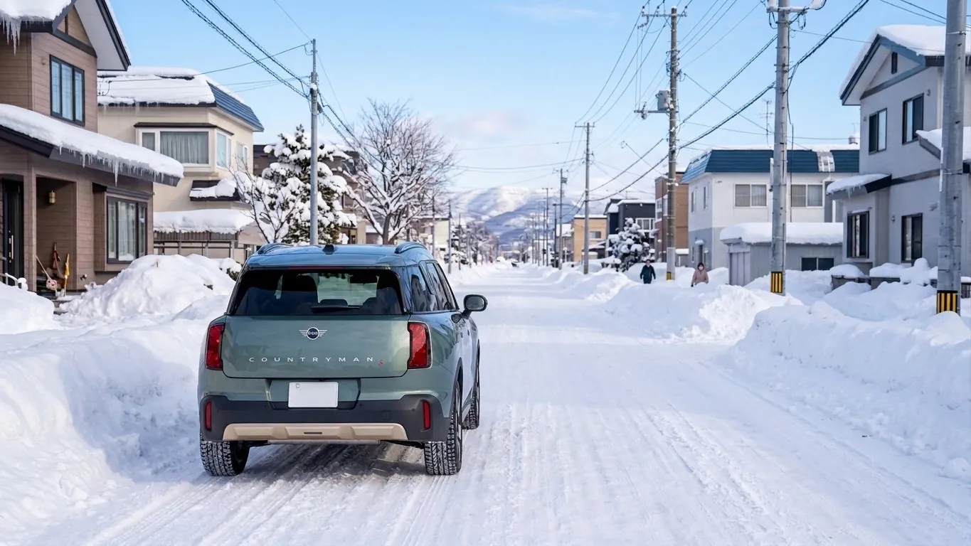 雪の積もった札幌の住宅街を走る車